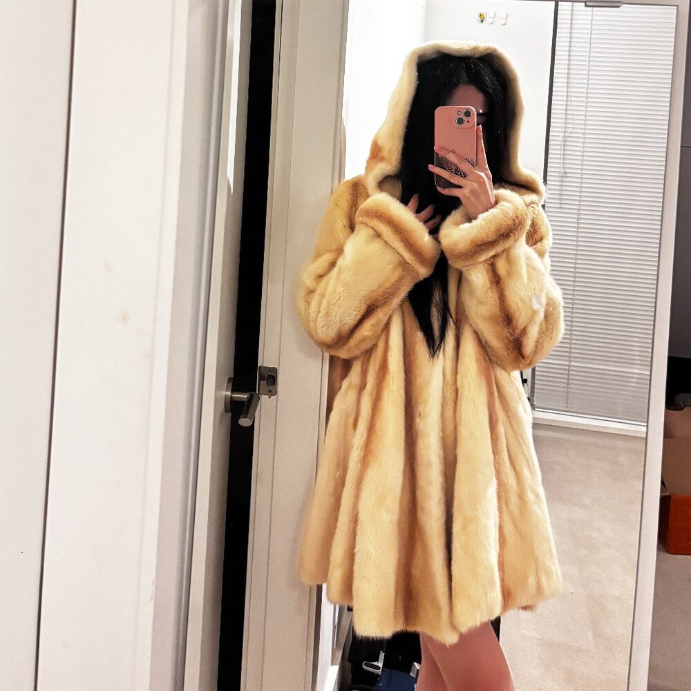 Cross Mink Fur Hooded Coat